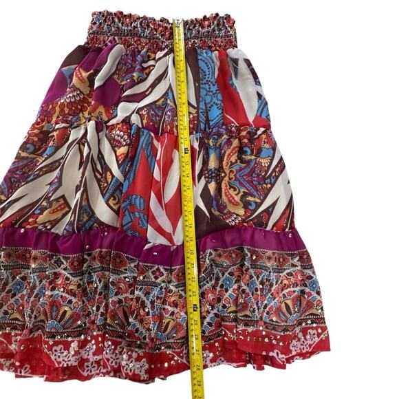 Cache BOHO Tiered Gypsy Festival Colorful Beaded Smock Waist Midi Skirt SZ Large - Picture 8 of 14